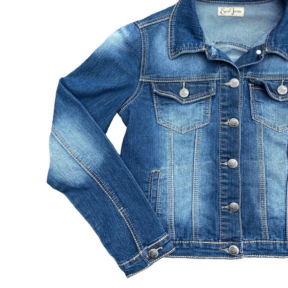 Earl Jean Distressed Faded Denim Trucker Jean Jacket-Gilmore Girls vibe-size S - Picture 3 of 16